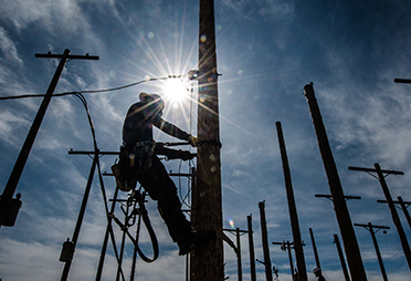 Line worker training on utility poles. 