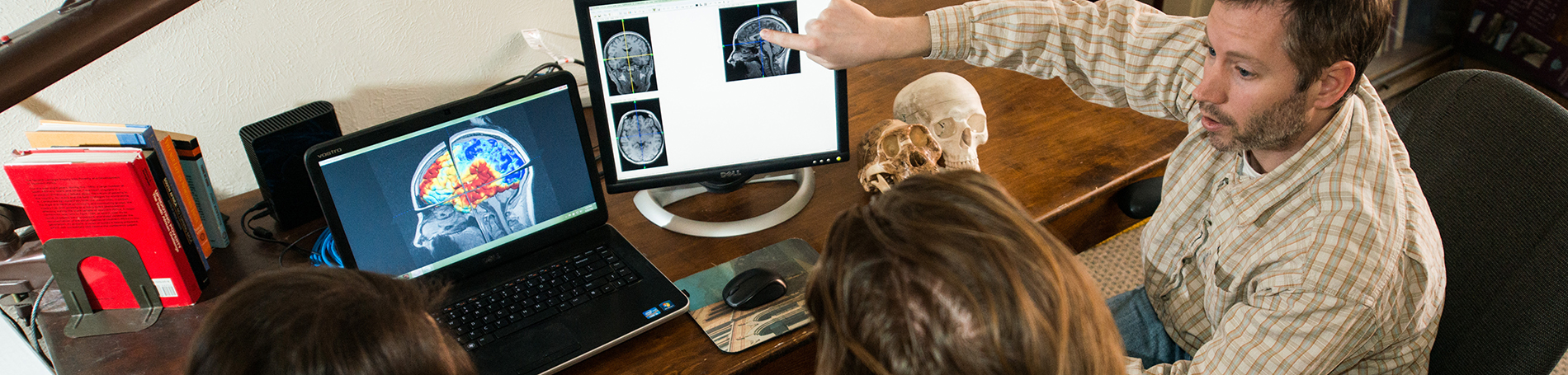Professor showing students brain diagram