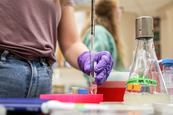 Student injecting fluid into a test tube