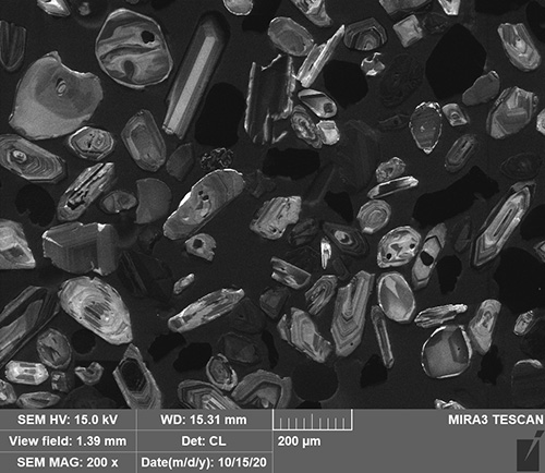 CAMP CL photograph of detrital zircon from a Tertiary sandstone collected in southwest Montana by Jesse Mosolf. CL Imaging by Kristina Okonski. Permission to use courtesy of Montana Bureau of Mines & Geology.