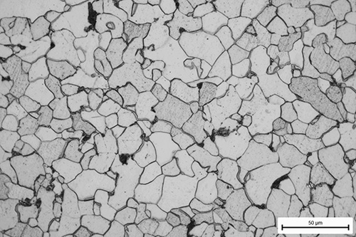 CAMP reflected light photomicrograph showing the grain structure of a steel pipe.