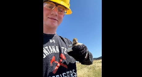 A student in a hardhat with a duckling in hand