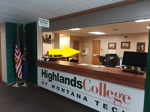 Highlands College Front Desk, AED location