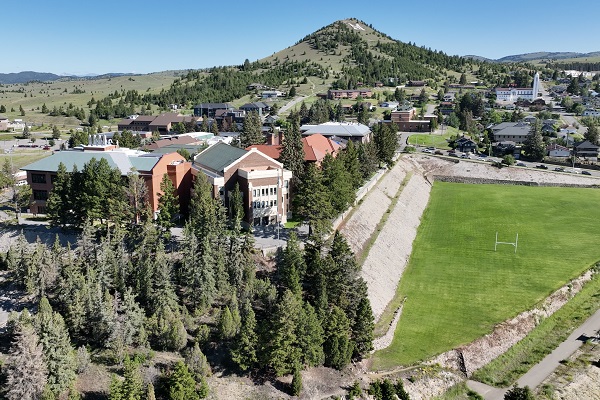 !Aerial shot of campus