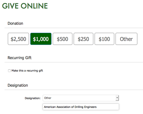 Montana Tech Foundation web page screen shot, Contribution Designation: American Association of Drilling Engineers