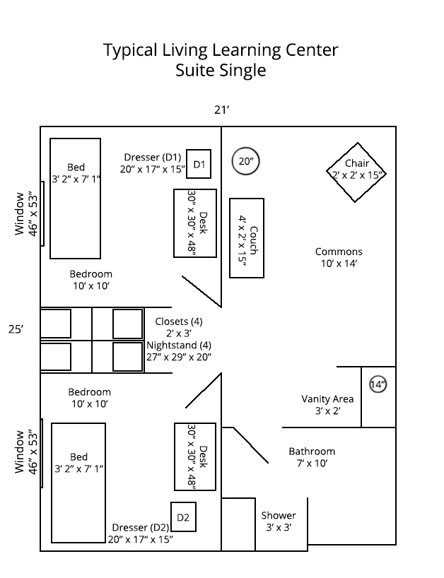 Floorplan of a suite single in the LLC